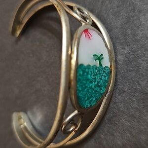 Vintage Alpaca Silver Mexico Flower Inlay Cuff Bracelet Silver with some patina